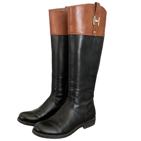 Tommy Hilfiger Shyenne Size 6 Black Tan Color Block Faux Leather Riding Boots - Picture 1 of 11